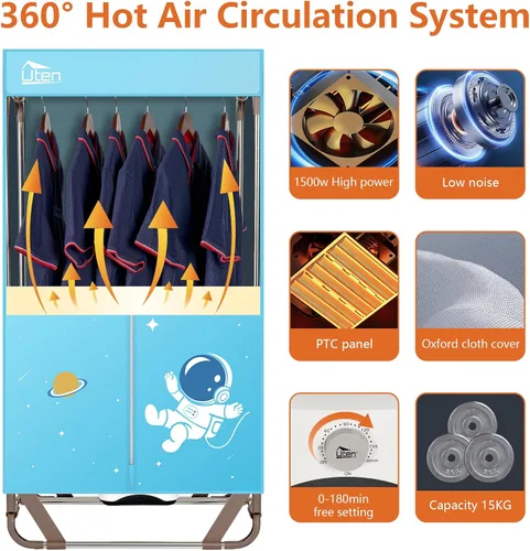 Vista 2 de Uten Secadora de ropa, secadora de ropa eléctrica de 1500 W con temporizador, armario de secado de ropa de 2 niveles, estante de secado de ropa