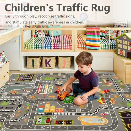 Vista 6 de Alfombra de juego para niños, ideal para jugar con autos y juguetes, alfombra educativa de carretera y tráfico para niños, alfombra divertida