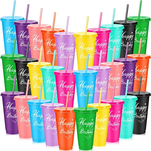 Vista 6 de Uiifan 30 vasos de cumpleaños a granel con tapas y pajitas, vasos reutilizables de color morado y rosa para regalos de fiesta, regalos de devolución