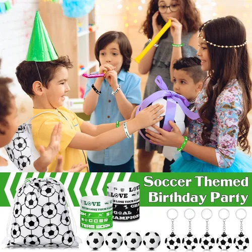 Vista 7 de 48 piezas de suministros de fiesta de fútbol, 12 pulseras de silicona de fútbol, 12 bolsas de regalo con cordón de fútbol, 12 mini pelotas de estrés