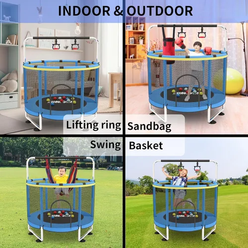 Vista 5 de Trampoline for Kids, 55 Inch Adjustable Baby Toddler Trampoline with Basketball Hoop, 440lbs Indoor Outdoor Toddler with Enclosure (Blue)