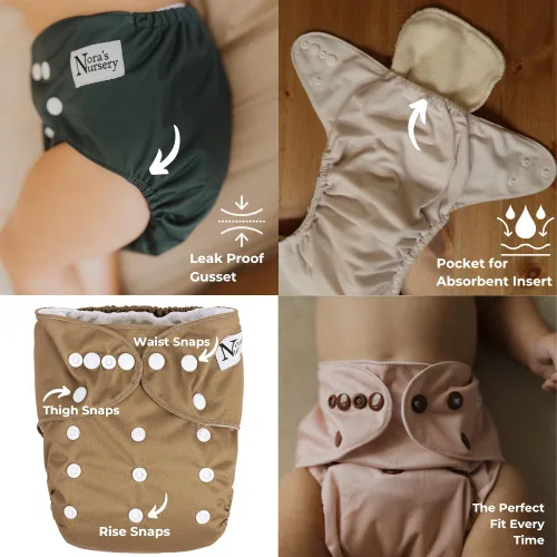 Vista 6 de Nora's Nursery Pañales de bolsillo de tela, paquete de 4 con 4 insertos, funda impermeable, lavable, reutilizable y de tamaño único ajustable