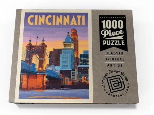 Vista 4 de MyPuzzle Cincinnati, OH: Riverfront, póster vintage, rompecabezas premium de 1000 piezas para adultos