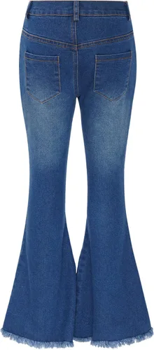Vista 2 de YiZYiF Pantalones vaqueros acampanados rasgados para niños y niñas, pantalones de mezclilla de cintura alta, pantalones casuales de verano
