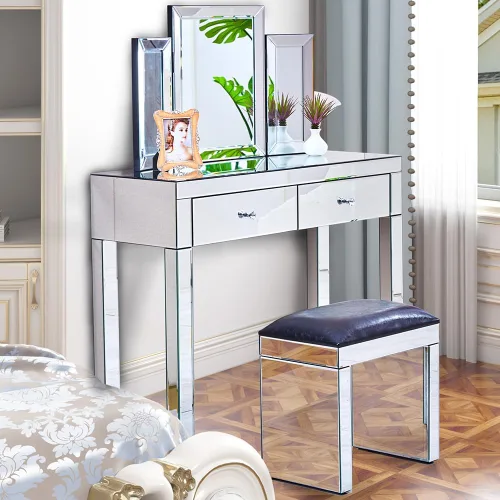 Vista 3 de Moderna mesa de consola plateada con espejo con 2 cajones de almacenamiento, escritorio rectangular de tocador, mesa de tocador de maquillaje