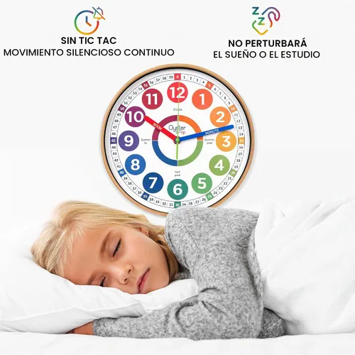 Vista 4 de Oyster&Pop Reloj de aprendizaje para niños - Reloj de enseñanza para decir la hora - Relojes de pared para niños para dormitorios - Decoración