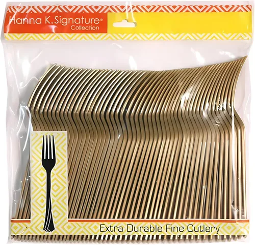 Vista 2 de Tenedores dorados de plástico pesado de alta calidad (51 unidades) – Cubertería duradera, elegante y desechable para fiestas, eventos y uso diario