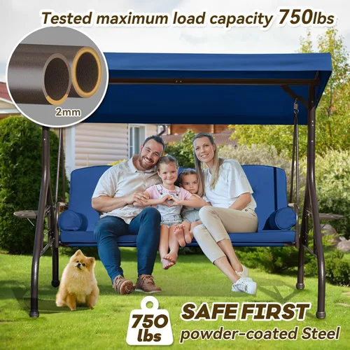 Vista 2 de Columpio de porche para exteriores 3 en 1 con toldo ajustable, columpio de 3 asientos para adultos, columpio de patio con cojines gruesos, almohadas