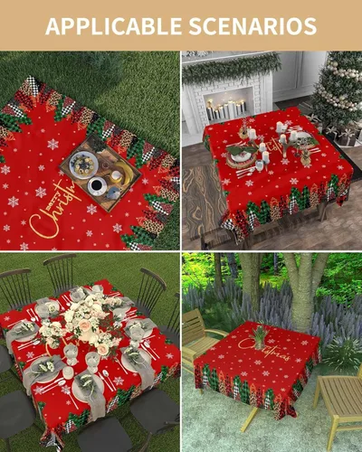 Vista 5 de Mantel de Navidad rojo para mesas redondas rectangulares, 60 x 60 pulgadas, mantel lavable con árbol de Navidad, manteles oblongos impermeables