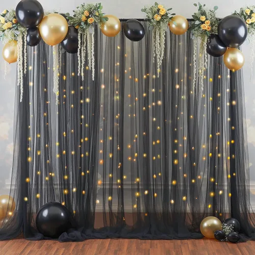 Vista 8 de Cortina de telón de fondo de tul negro de 10 x 10 pies con cadena de luces para fiestas, cortinas de fondo de fotos transparentes para bodas