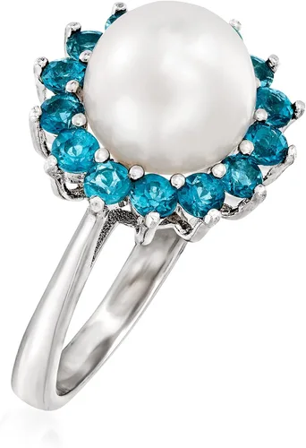 Vista 3 de Ross-Simons 8-8.5mm Cultured Pearl and .60 ct. t.w. London Blue Topaz Ring in Sterling Silver