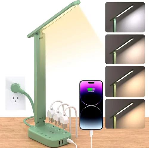 Vista 8 de One Beat Pequeña lámpara LED de escritorio, cable de extensión de 5 pies con 3 tomas, 4 puertos USB (2 USB C), 4 modos, lámpara táctil de 5 niveles