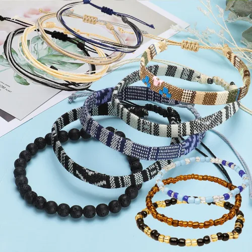 Vista 14 de Conjunto de pulseras de playa para hombres y mujeres, pulseras para hombres, pulseras bohemias hechas a mano, pulseras envolventes de joyería