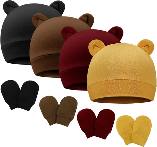 Vista 10 de DRESHOW Gorro de recién nacido con orejas de oso y manoplas, conjuntos de gorro de algodón para prematuros, gorro de bebé para niño y niña, gorro