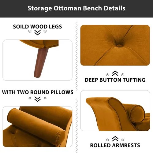 Vista 5 de Banco de almacenamiento de terciopelo para dormitorio otomano, banco de cama tapizado con botones para dormitorios, tamaño King con brazos