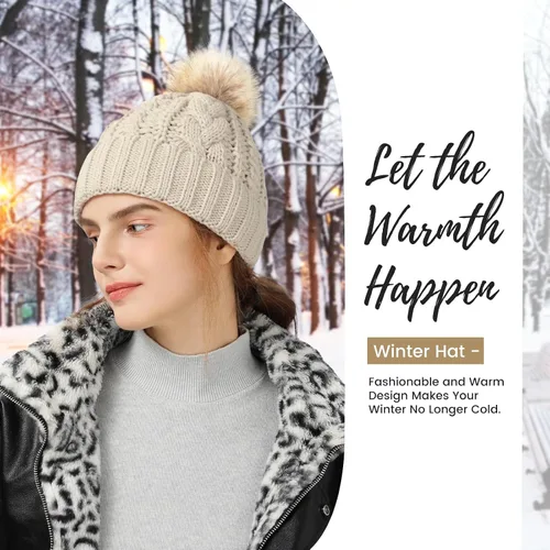 Vista 2 de Avisky Womens Winter Knitted Beanie Hat with Faux Fur Winter Hats for Women Fur Pom Warm Knit Skull Cap Thick Beanie Hat
