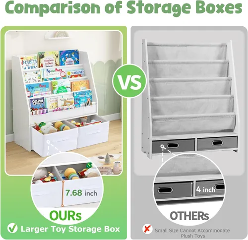 Vista 5 de MallBest Estantería infantil de madera maciza con contenedores de almacenamiento, estante frontal inspirado en Montessori para niños de 1 a 5 años