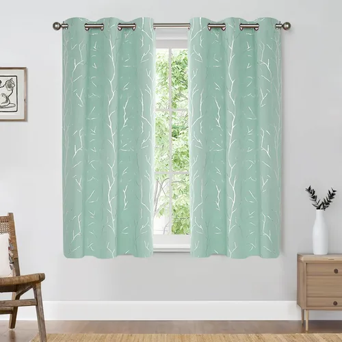 Vista 70 de BUHUA Cortinas pequeñas para ventana de 36 pulgadas de largo, 2 paneles, cortinas opacas con elegantes ramas de árbol plateadas, cortinas de bloqueo