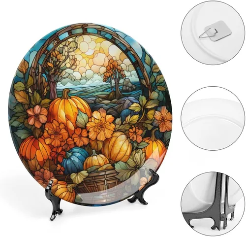 Vista 4 de Plato de cosecha de otoño de calabaza para decoración de pared de oficina en casa, plato decorativo con soporte de exhibición, adorno de cerámica
