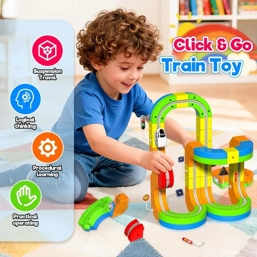 Vista 2 de Juego de Tren Eléctrico para Niños, Set de Pista de Carreras 3D de 69 Piezas con Tren Eléctrico, Señales de Tráfico, Set de Juguetes de Tren STEM