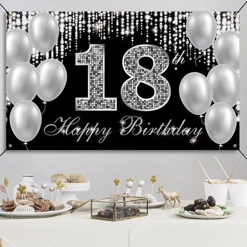 Vista 4 de Cartel de fondo de 18 cumpleaños, decoraciones de feliz cumpleaños 18 para niños y niñas, negro y plateado para fiesta de cumpleaños de 18 años