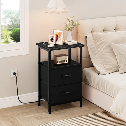 Vista 5 de Vagusicc Nightstand with Charging Station, End Table Bedside Table with 2 Fabric Drawers, Black Night Stand with USB Ports & Outlets, 24.2" Tall Bed
