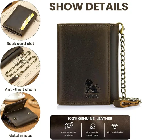 Vista 4 de BAIGIO Billetera de cuero genuino con cadena para hombre, con bloqueo RFID, triple pliegue, regalo para el padre
