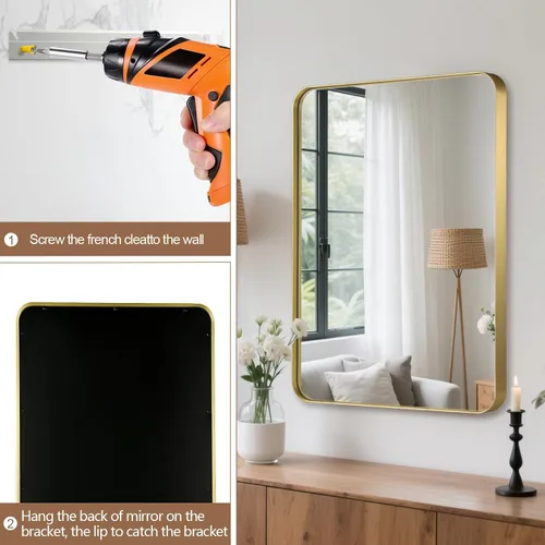 Vista 6 de Espejo de baño dorado de 24 x 36 pulgadas, espejo rectangular con marco de metal cepillado con esquina redondeada, espejo de tocador de baño dorado