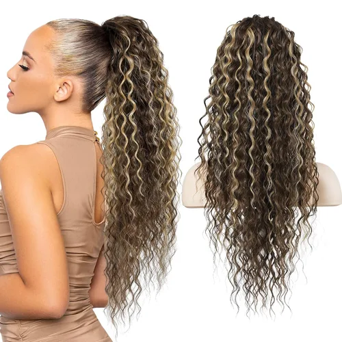 Vista 17 de Flufymooz Extensión de cola de caballo, 22 pulgadas, estilo bohemio, con cordón, extensiones de cabello para mujer, cola de caballo larga, rizada