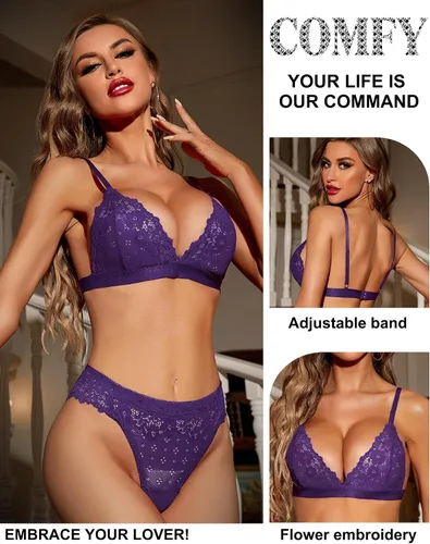 Vista 3 de RSLOVE Lingerie for Women Sexy Floral Lace Bra and Panty Sets Two Piece Babydoll