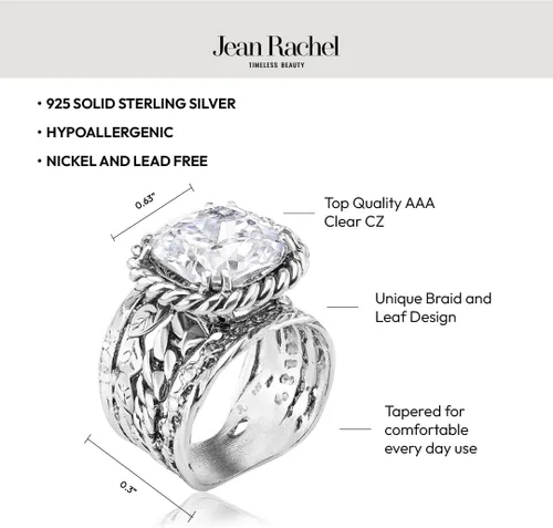 Vista 5 de JEAN RACHEL JEWELRY Anillo de plata de ley 925, diseño vintage de trenza y hoja con circonita cúbica acolchada, hipoalergénico, sin plomo ni níquel