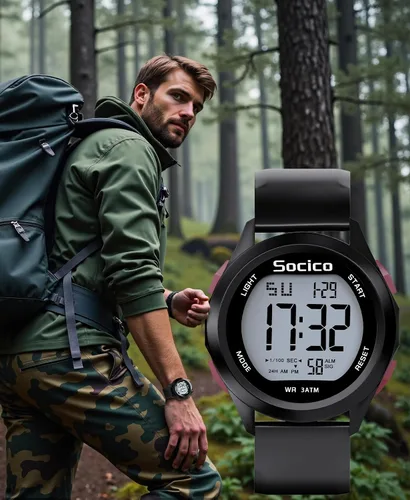 Vista 6 de SOCICO Reloj digital para hombre, deportivo, impermeable, para exteriores, con gran esfera, relojes militares, con cronómetro, luz de fondo, alarma