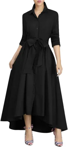 Vista 15 de VERWIN Vestido largo de manga larga para mujer, holgado, elegante, con botones, con bolsillos y cinturones