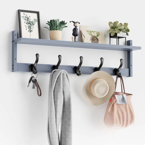 Vista 10 de Tatub Perchero de pared de 29 pulgadas con estante, ganchos de pared de madera con almacenamiento, estante de entrada con 5 perchas para baño, sala