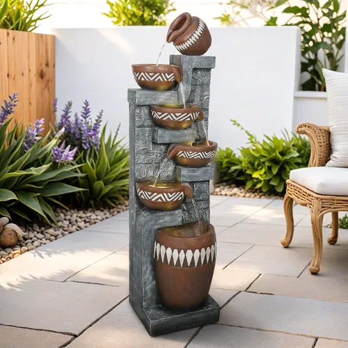 Vista 2 de Fuente de agua para exteriores de 6 niveles de 56.6 pulgadas de alto con luces LED, tarros en cascada con diseño inspirado en tribales para jardín