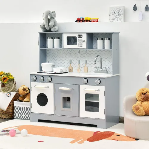 Vista 5 de Costzon Juego de Cocina para Niños, Set de Juego de Cocina de Madera de Simulación con Estufa, Refrigerador, Microondas, Fregadero Removible