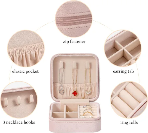 Vista 2 de GUKA Joyero de terciopelo de felpa organizado, estuche de viaje de joyería, pequeñas cajas organizadoras portátiles para anillos, aretes, collares