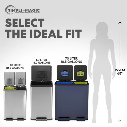 Vista 4 de Cubo de basura rectangular de 70 litros/18.5 galones con pedal, sin contacto manual, doble compartimento para reciclaje de cocina, con tapa Acero