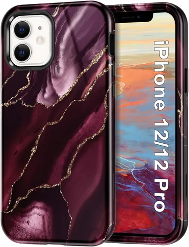 Vista 8 de Btscase para iPhone 12/iPhone 12 Pro, funda resistente de tres capas de mármol a prueba de golpes, cuerpo completo, PC duro + parachoques de TPU