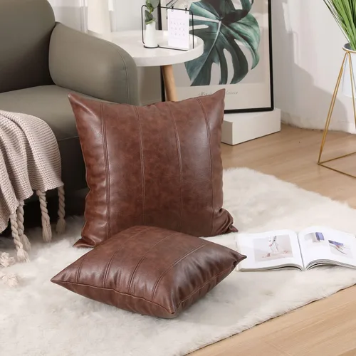 Vista 5 de Yaertun Juego de 2 fundas de almohada decorativas de piel sintética a rayas, modernas y sólidas, fundas de cojín para exteriores, fundas de almohada