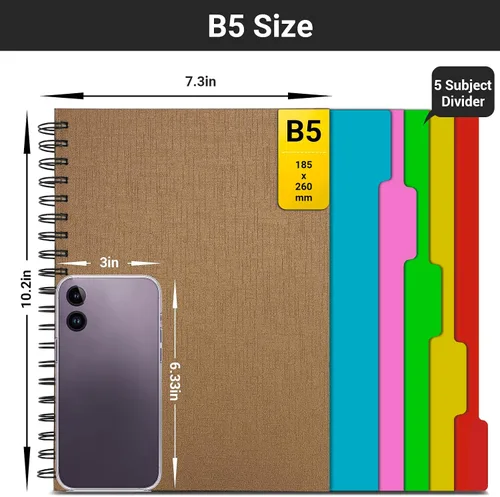 Vista 2 de EUSOAR Cuaderno de espiral de 5 materias, 3 piezas B5 de 7.3 x 10.2 pulgadas, bloc de escritura con rayas universitarias, tapa dura gruesa, 100 GSM