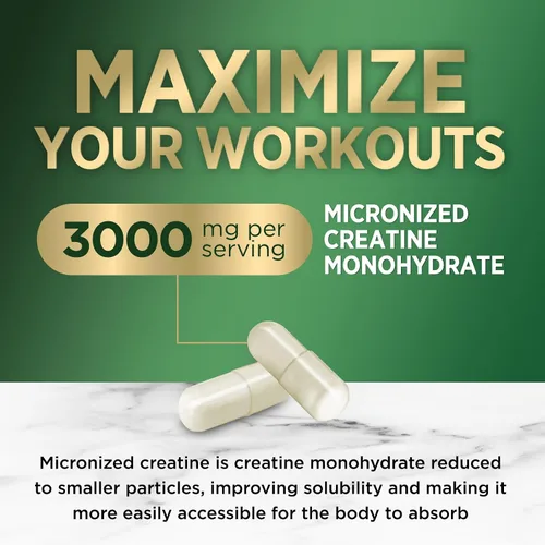 Vista 3 de Monohidrato de creatina 3000 mg por porción - Cápsulas de creatina en polvo micronizado - Apoya el músculo magro, la fuerza, la energía