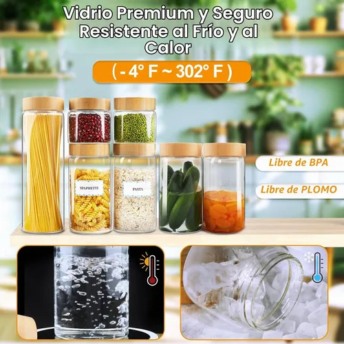 Vista 5 de Botes de vidrio con tapas herméticas de bambú - Juego de 3 envases de 80oz para cereales, frascos para galletas, almacenamiento de pasta - Tarros