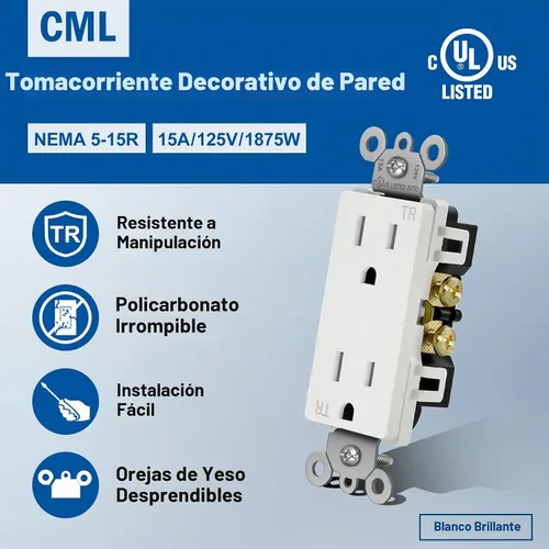 Vista 2 de CML 15 Amp Decorator - Salida de pared resistente a manipulaciones, paquete Blanco satinado