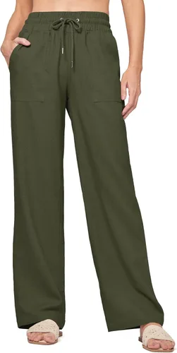 Vista 32 de Willit Pantalones de lino para mujer, pantalones palazzo de pierna ancha Khaki - Actualización