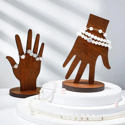 Vista 5 de Weysat 12 piezas de madera forma de mano pulsera joyería soporte soporte de exhibición estética joyería maniquí dedos joyería organizador, Marrón