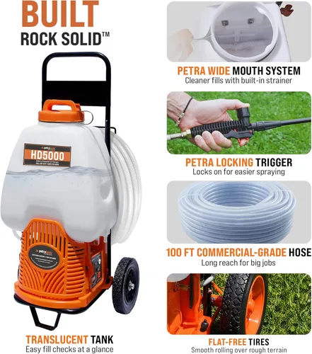 Vista 5 de Petra Rociador de mochila alimentado por herramientas con carrito ajustado personalizado y manguera comercial de 100 pies, 2 mangueras incluidas