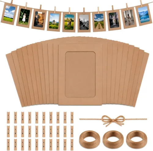 Vista 13 de Enenes Paquete de 30 marcos de fotos de papel kraft de 4 x 6 pulgadas, marcos de fotos de papel de 10 colores con clips de madera y cordel de yute