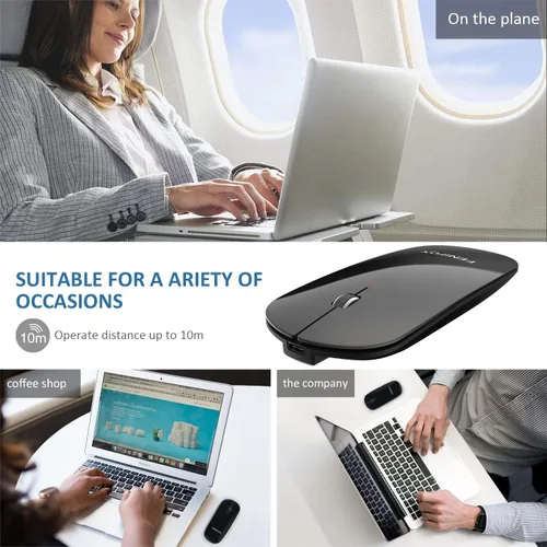 Vista 8 de FENIFOX mini mouse Bluetooth, mouse óptico móvil portable ultrafino con batería recargable para PC, Mac, laptop, tablet Android, Negro
