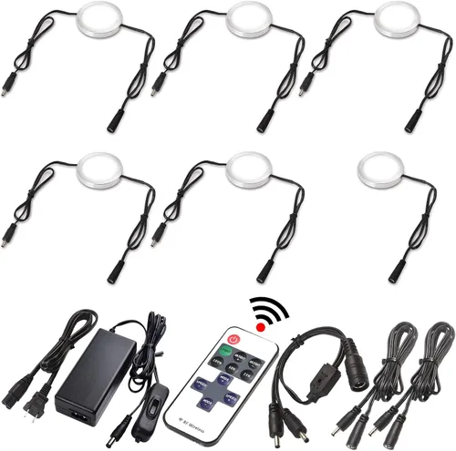Vista 8 de Kit de luz debajo del armario de cocina, iluminación trasera contra salpicaduras, 110 V enchufado y cableado, control remoto RF regulable, blanco